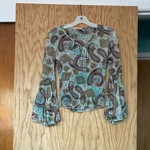 Forever 21 Y2K Mint Paisley Tie-Front Bell Sleeve Blouse